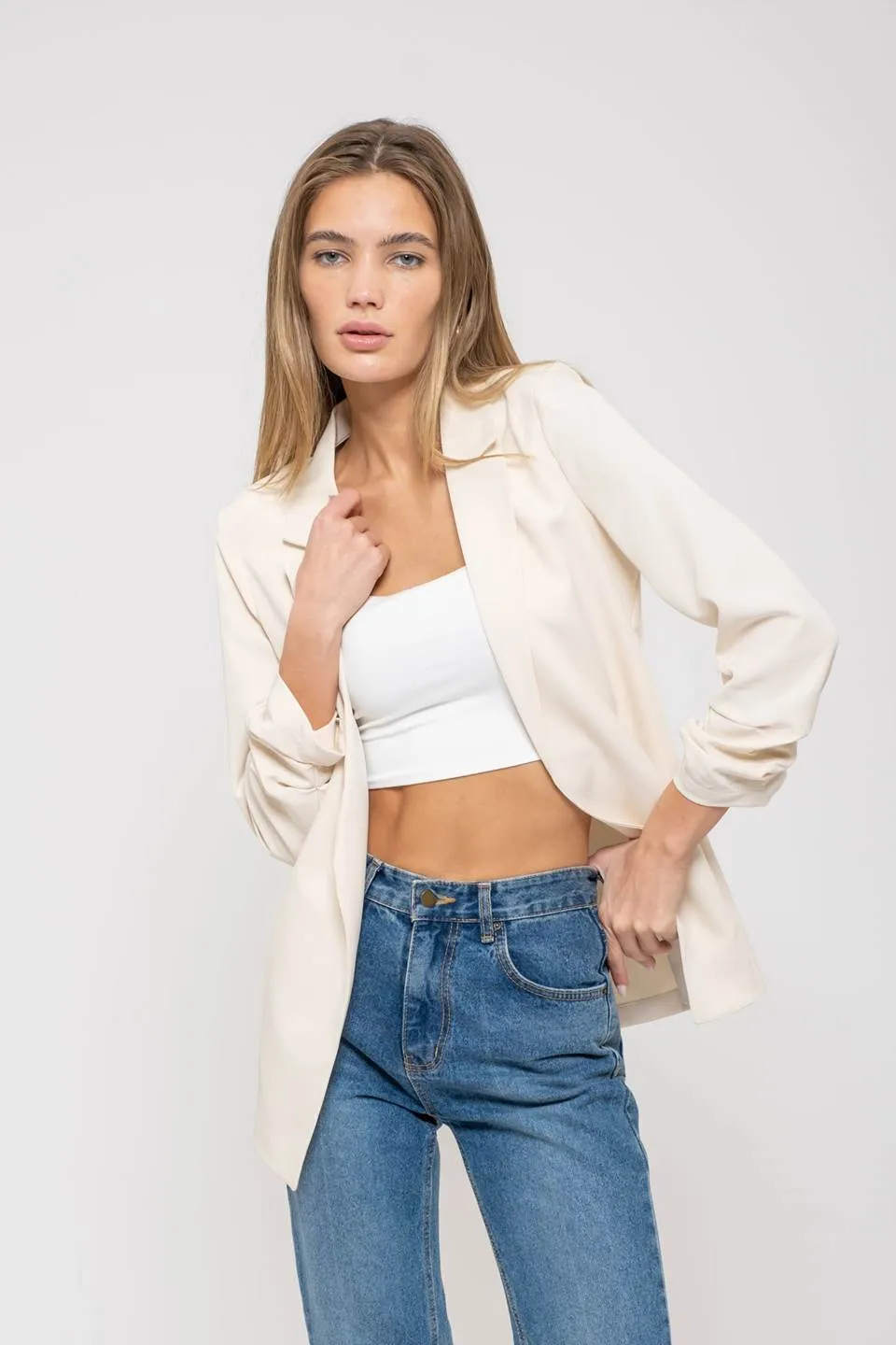 3/4 RUCHED SLEEVE BLAZER