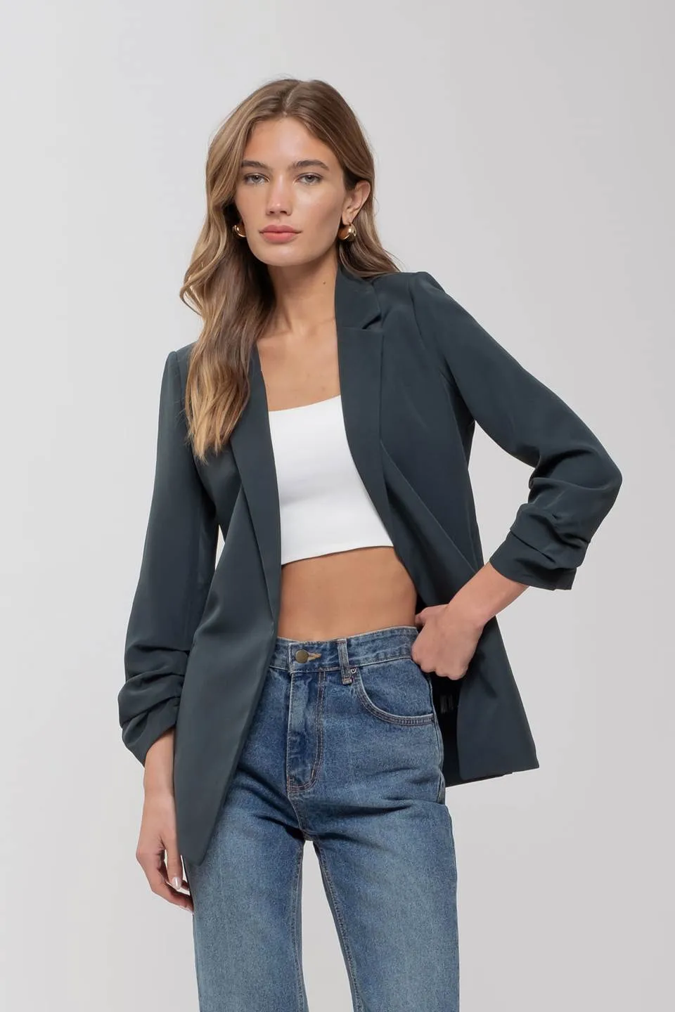 3/4 RUCHED SLEEVE BLAZER