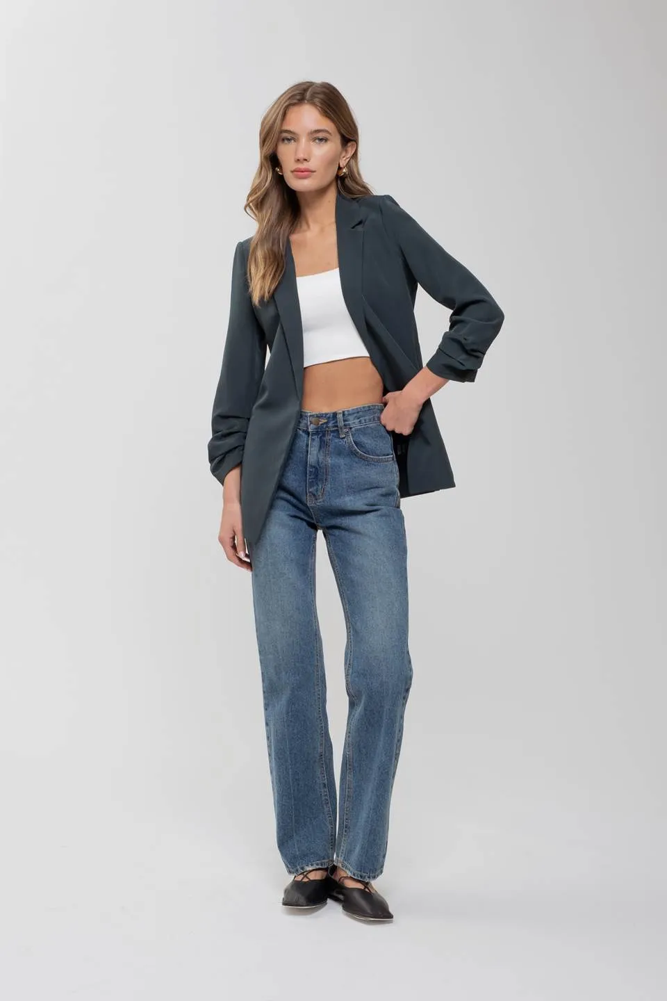3/4 RUCHED SLEEVE BLAZER