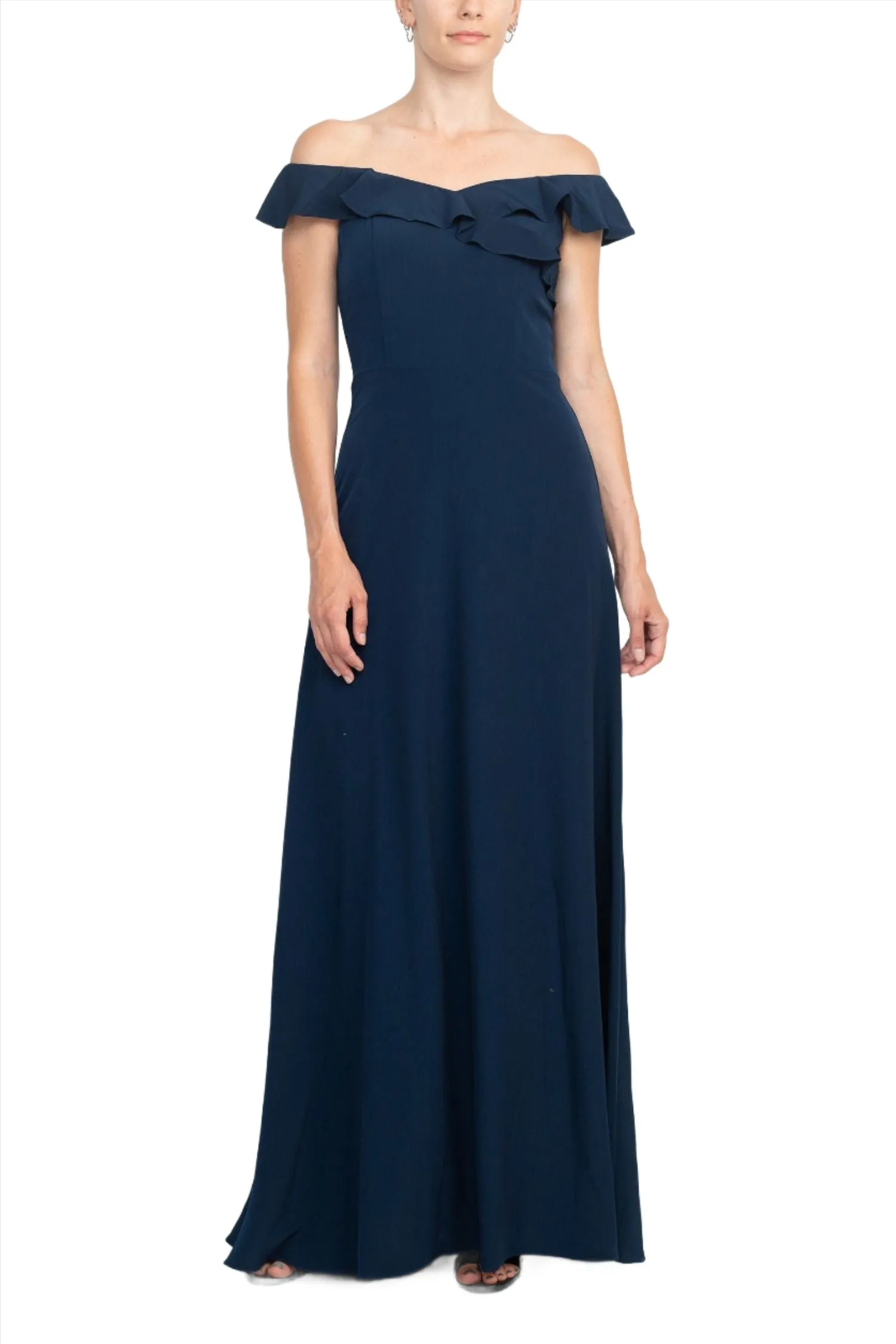 Adrianna Papell Off Shoulder Ruffled Sleeveless Zipper Back Solid Full-Length Dress by Curated Brands