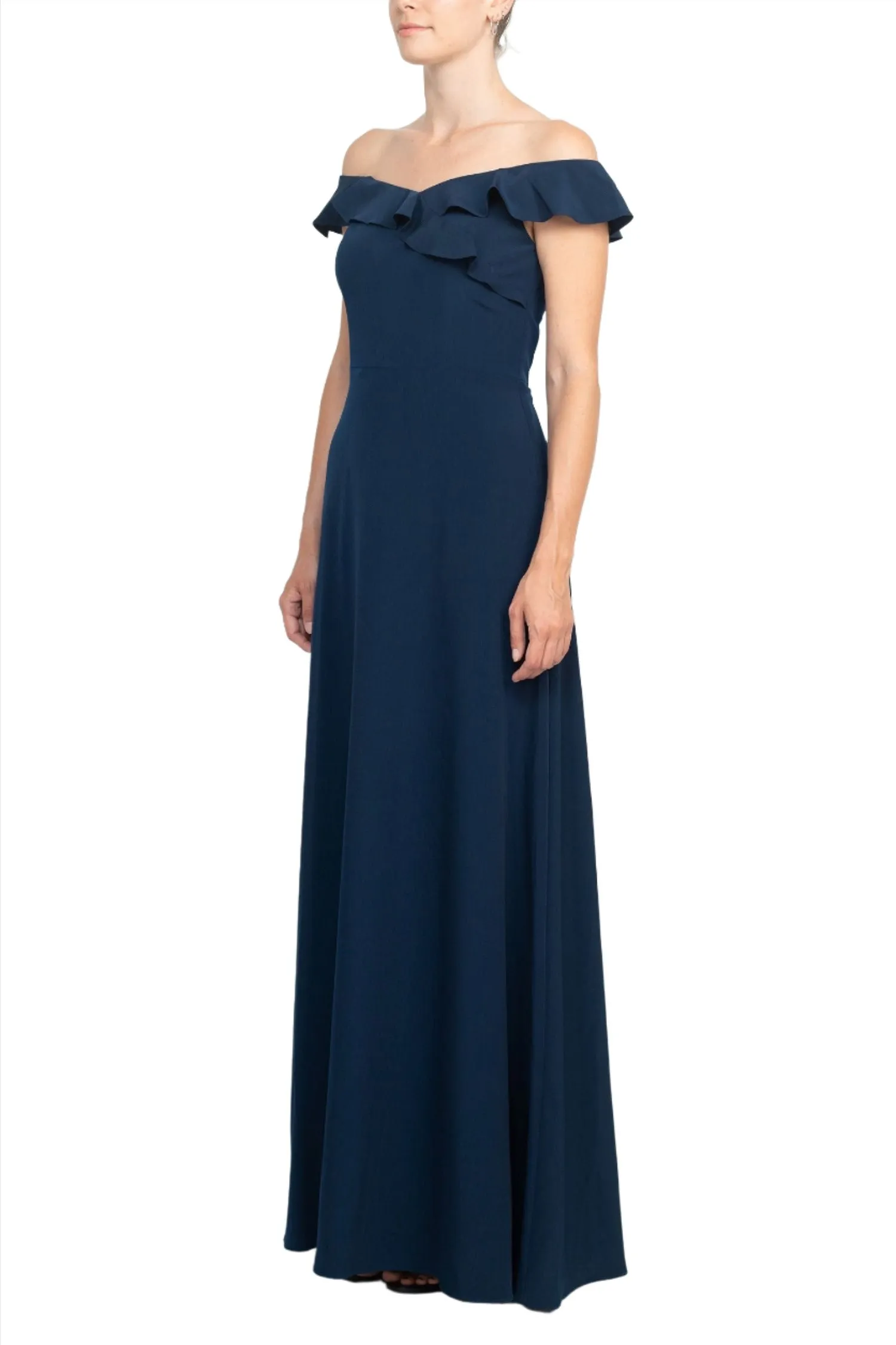 Adrianna Papell Off Shoulder Ruffled Sleeveless Zipper Back Solid Full-Length Dress by Curated Brands