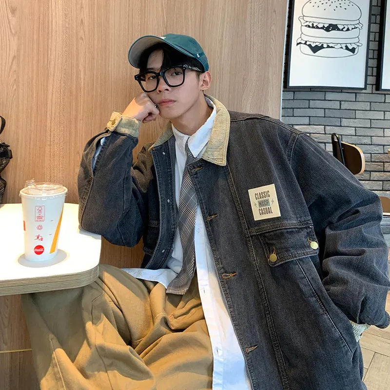 Aidase Retro Lapel Denim Jacket Men Jean Jackets Streetwear Turn Down Collar Denim Coats Cotton Casual Black Blue Coats Man Clothing