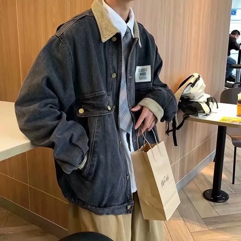 Aidase Retro Lapel Denim Jacket Men Jean Jackets Streetwear Turn Down Collar Denim Coats Cotton Casual Black Blue Coats Man Clothing