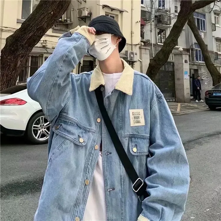 Aidase Retro Lapel Denim Jacket Men Jean Jackets Streetwear Turn Down Collar Denim Coats Cotton Casual Black Blue Coats Man Clothing