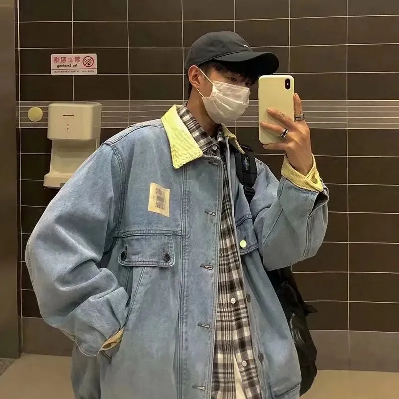 Aidase Retro Lapel Denim Jacket Men Jean Jackets Streetwear Turn Down Collar Denim Coats Cotton Casual Black Blue Coats Man Clothing