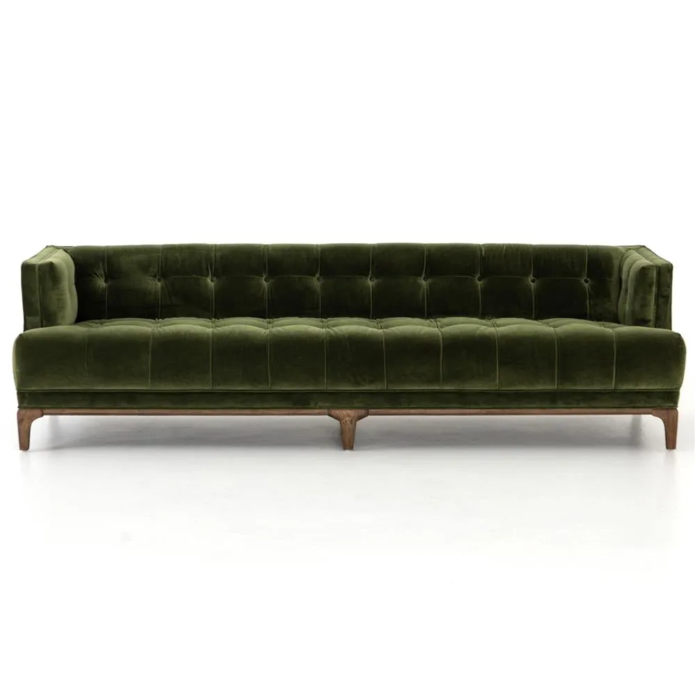 Allen Mid Century Green Velvet Brown Wood Frame Button Tufted Sofa by Couch.com