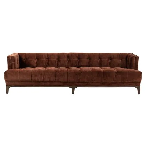 Allen Mid Century Green Velvet Brown Wood Frame Button Tufted Sofa by Couch.com