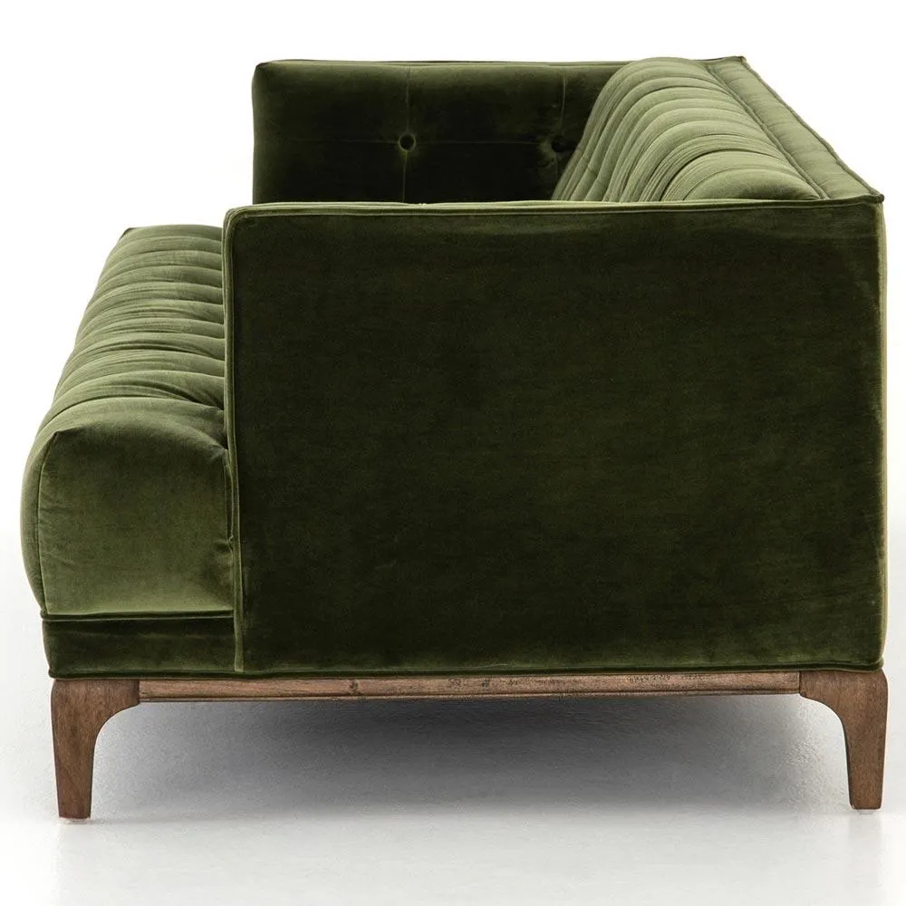 Allen Mid Century Green Velvet Brown Wood Frame Button Tufted Sofa by Couch.com