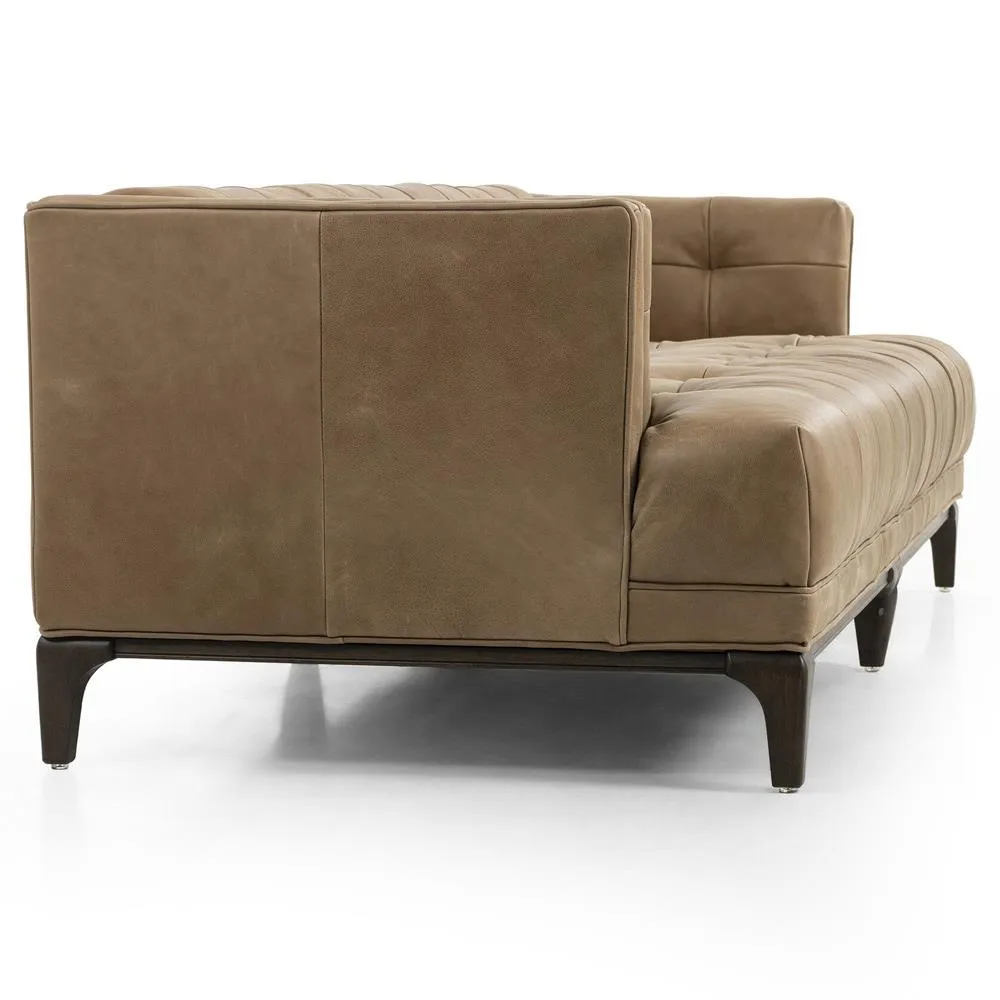 Allen Mid Century Green Velvet Brown Wood Frame Button Tufted Sofa by Couch.com
