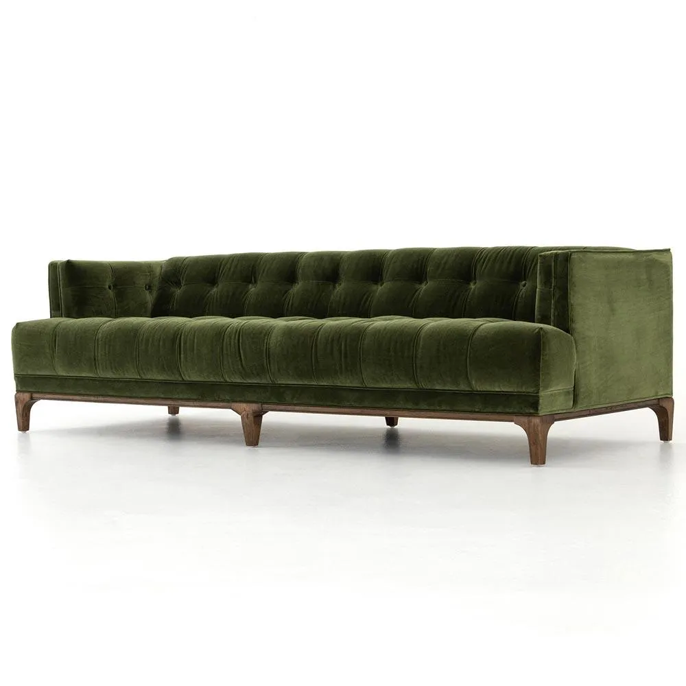 Allen Mid Century Green Velvet Brown Wood Frame Button Tufted Sofa by Couch.com