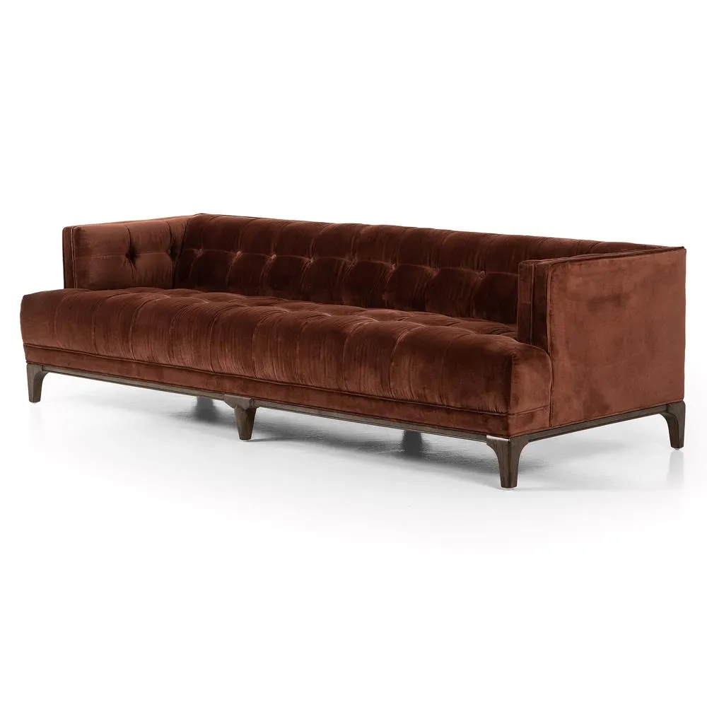 Allen Mid Century Green Velvet Brown Wood Frame Button Tufted Sofa by Couch.com