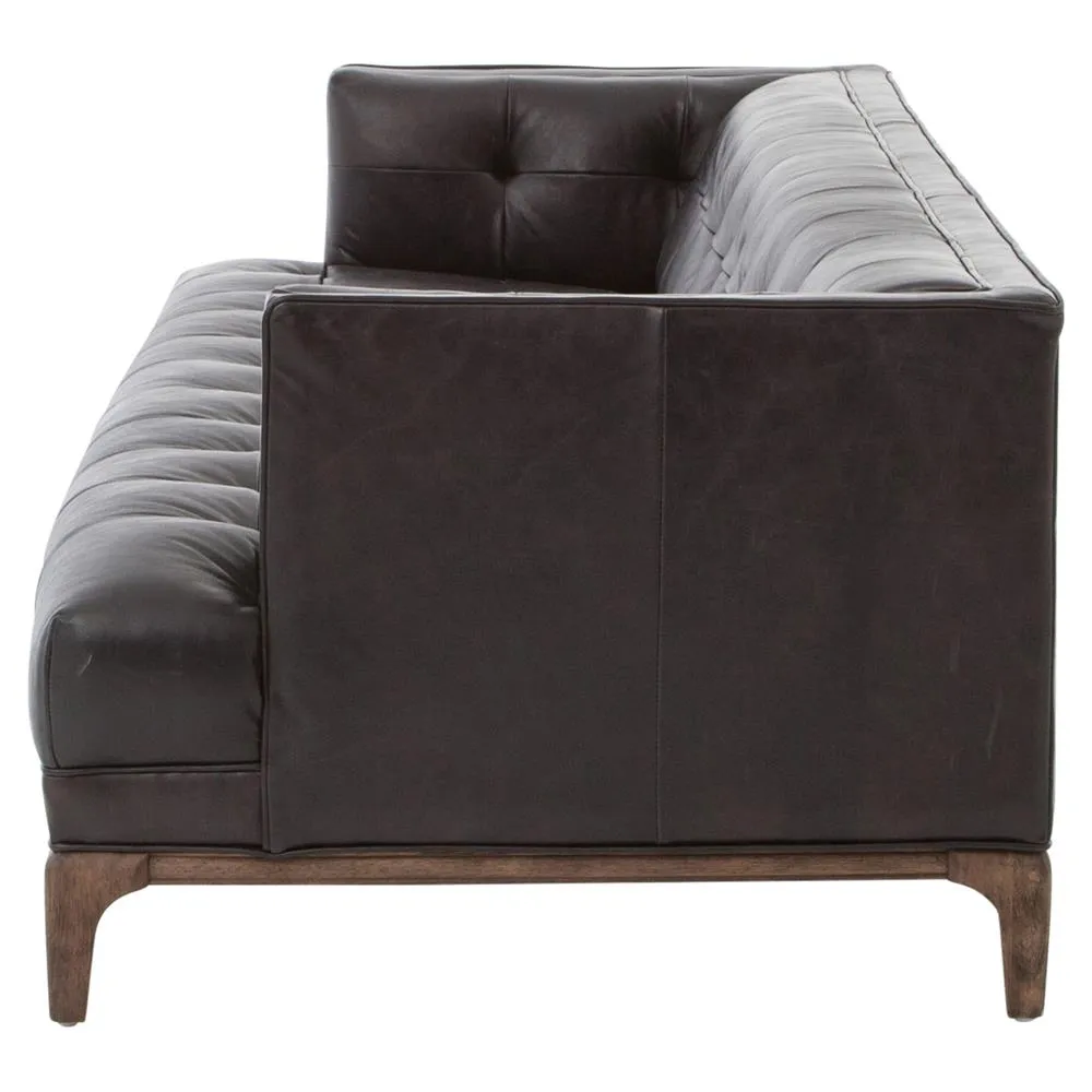 Allen Mid Century Green Velvet Brown Wood Frame Button Tufted Sofa by Couch.com