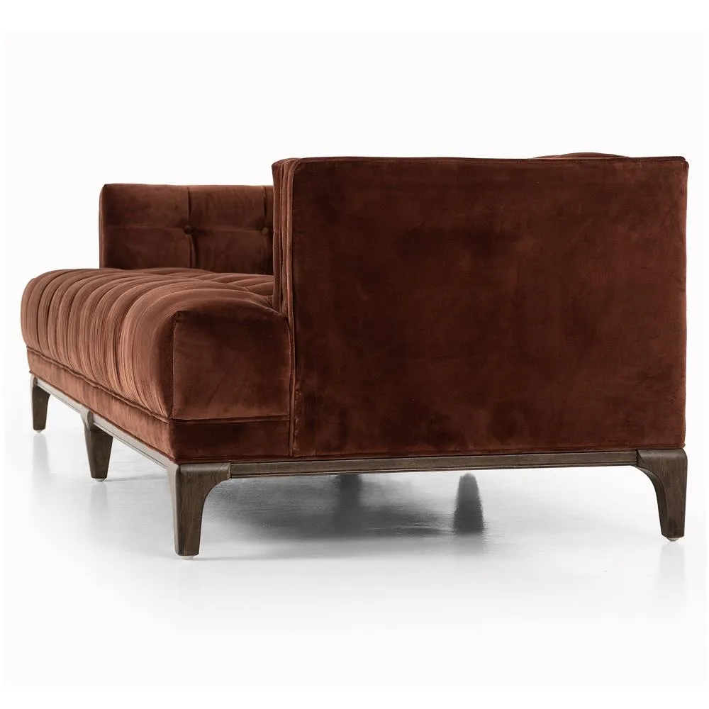 Allen Mid Century Green Velvet Brown Wood Frame Button Tufted Sofa by Couch.com