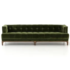 Allen Mid Century Green Velvet Brown Wood Frame Button Tufted Sofa by Couch.com
