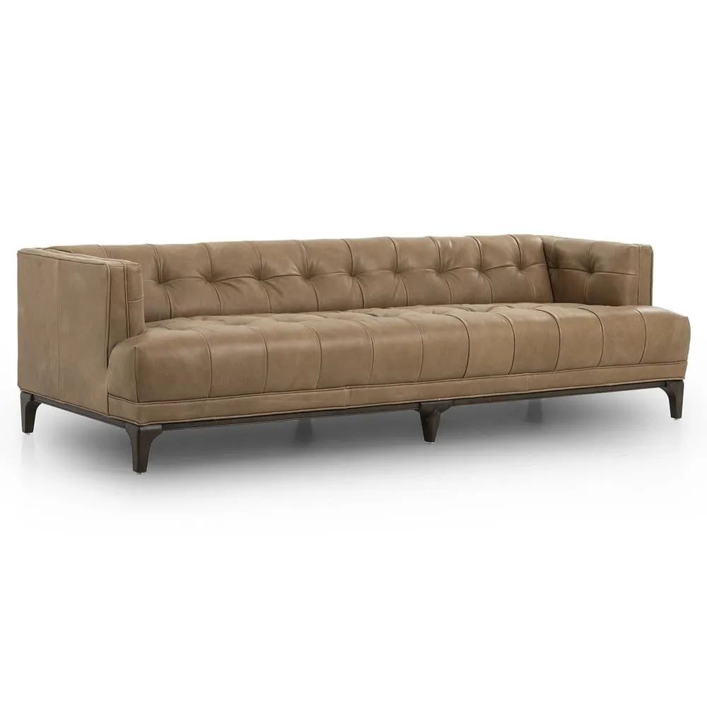 Allen Mid Century Green Velvet Brown Wood Frame Button Tufted Sofa by Couch.com