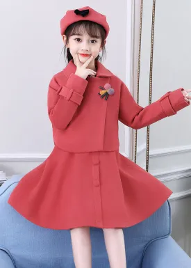 Beautiful Dousha Red Peter Pan Collar Coats And Dress Cotton Kids Two Pieces Set Long Sleeve ML0213