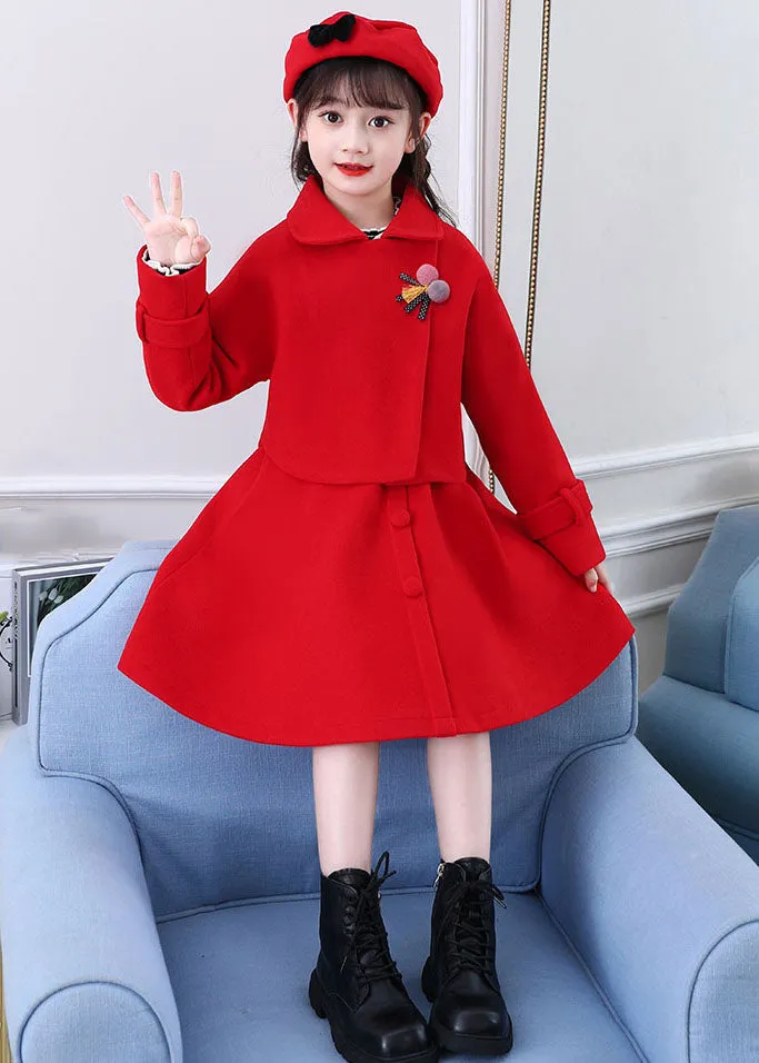 Beautiful Dousha Red Peter Pan Collar Coats And Dress Cotton Kids Two Pieces Set Long Sleeve ML0213