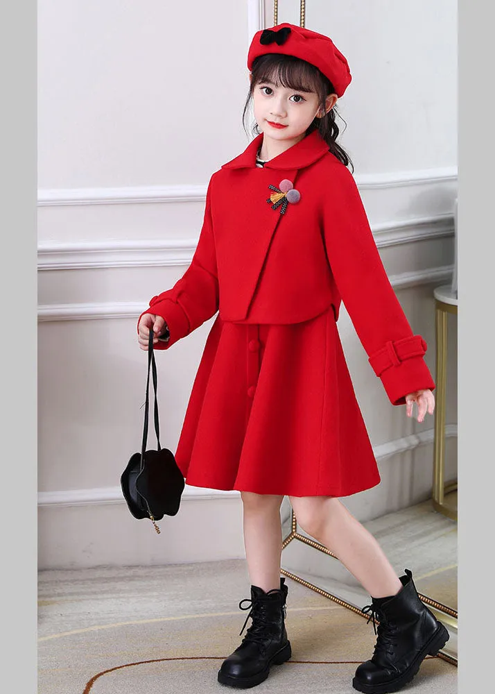 Beautiful Dousha Red Peter Pan Collar Coats And Dress Cotton Kids Two Pieces Set Long Sleeve ML0213