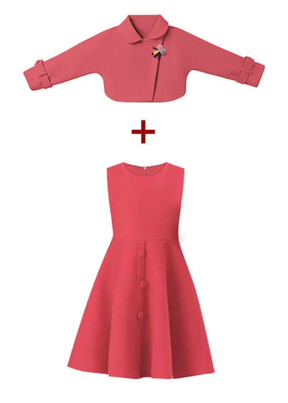 Beautiful Dousha Red Peter Pan Collar Coats And Dress Cotton Kids Two Pieces Set Long Sleeve ML0213