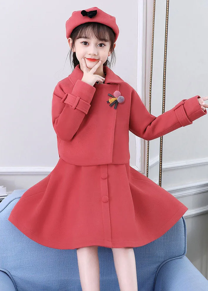 Beautiful Dousha Red Peter Pan Collar Coats And Dress Cotton Kids Two Pieces Set Long Sleeve ML0213