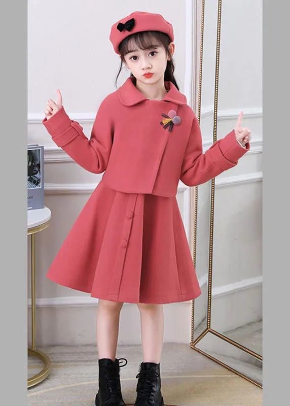 Beautiful Dousha Red Peter Pan Collar Coats And Dress Cotton Kids Two Pieces Set Long Sleeve ML0213