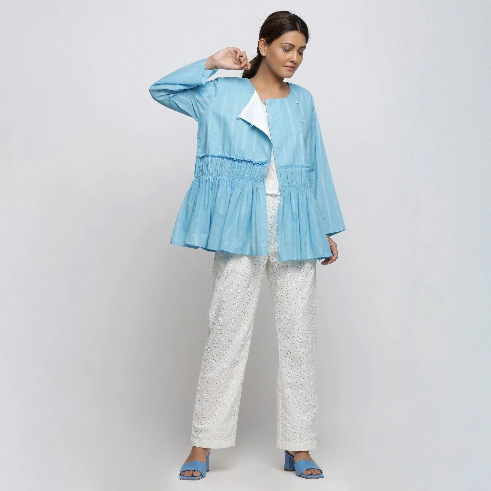 Blue Hand Tie-Dye Cotton Asymmetrical Outerwear