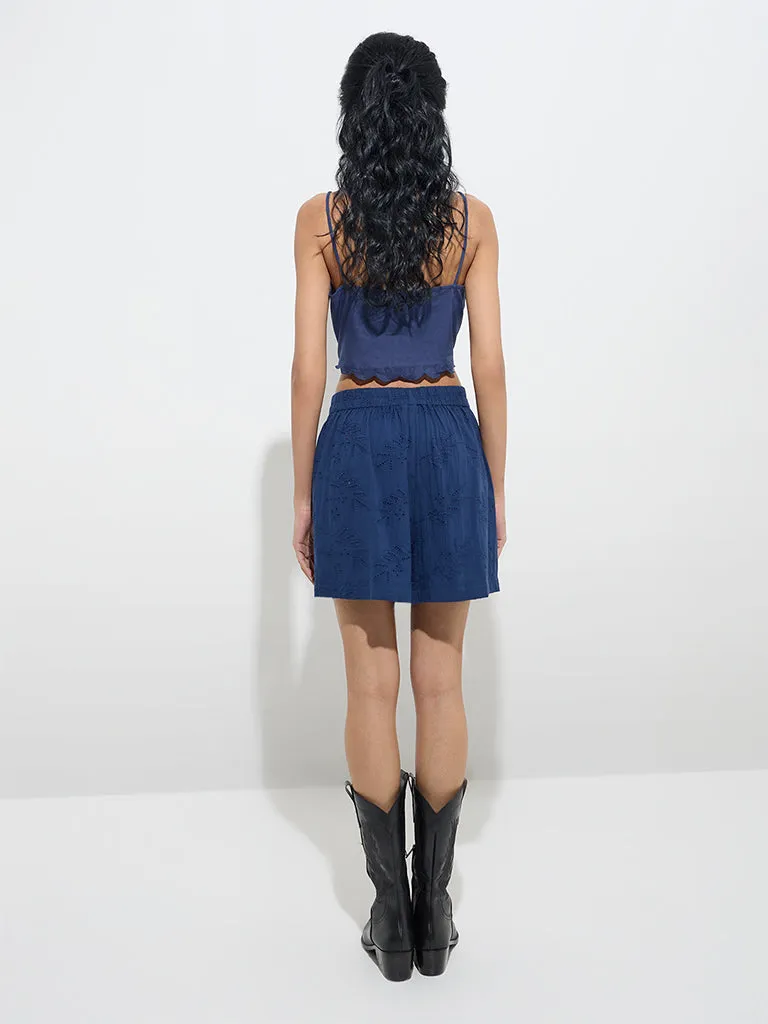 Bombay Paisley Navy Embroidered High-Rise Cotton Skorts
