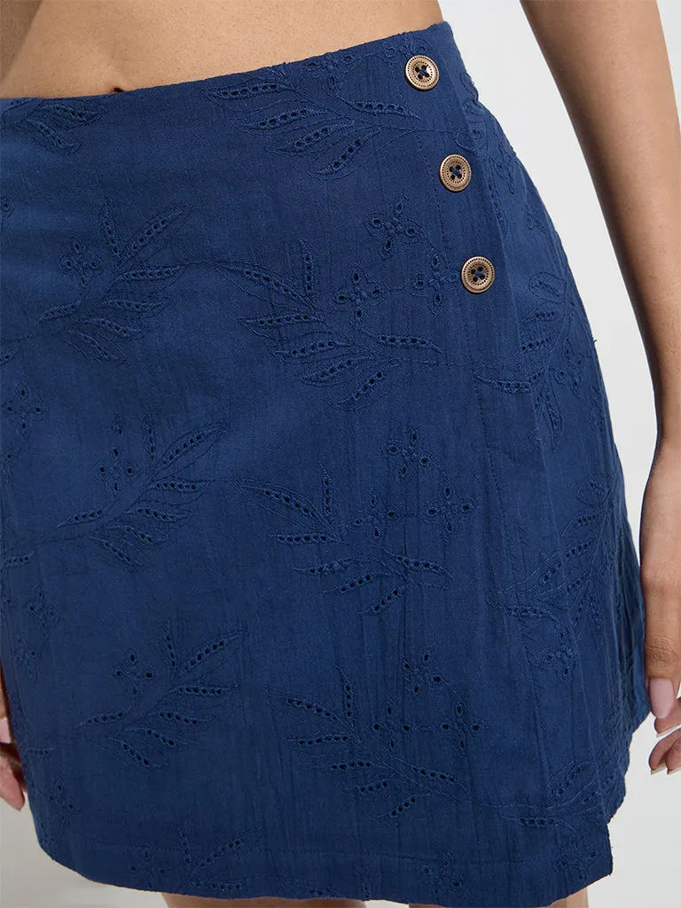 Bombay Paisley Navy Embroidered High-Rise Cotton Skorts