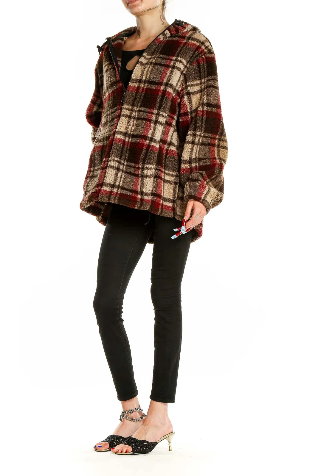 Brown Plaid Fleece Hooded Coat