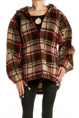 Brown Plaid Fleece Hooded Coat