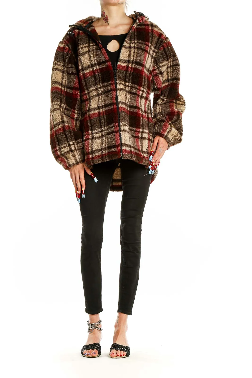 Brown Plaid Fleece Hooded Coat