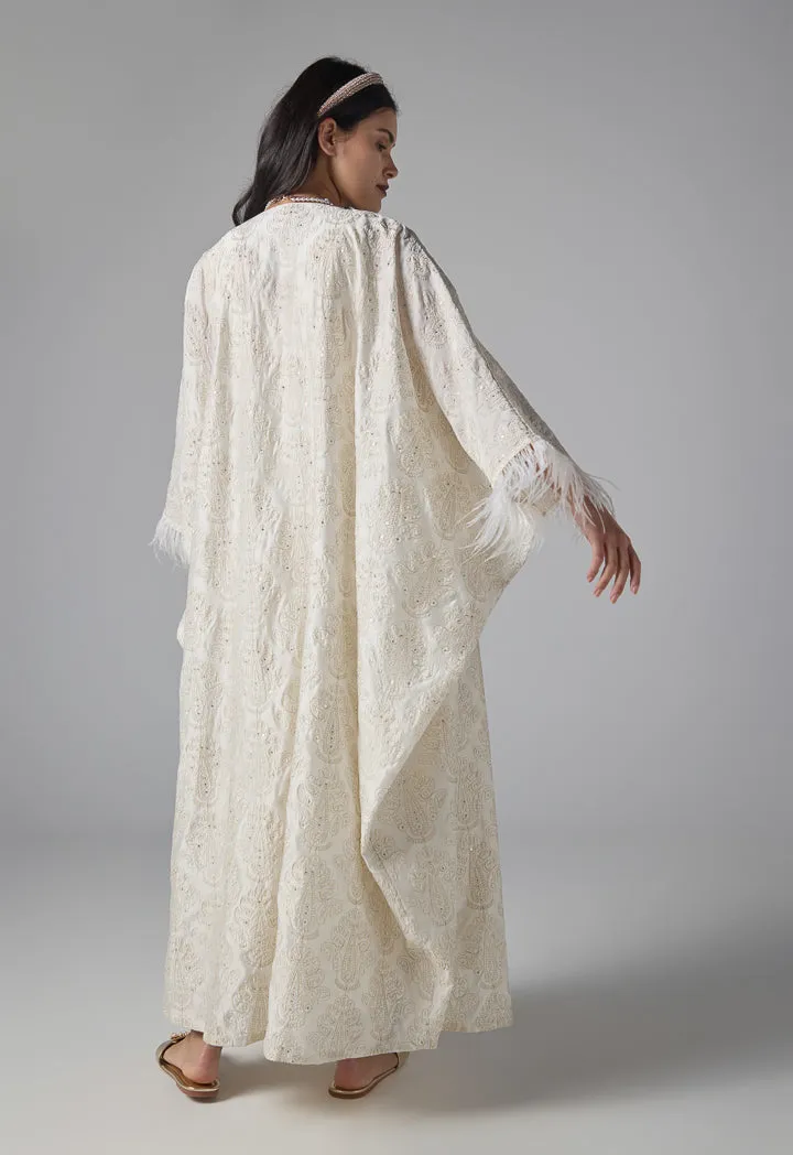 Choice Embroidered Sequins Fringe Maxi Abaya - Ramadan Style Beige