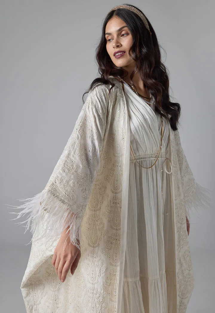 Choice Embroidered Sequins Fringe Maxi Abaya - Ramadan Style Beige