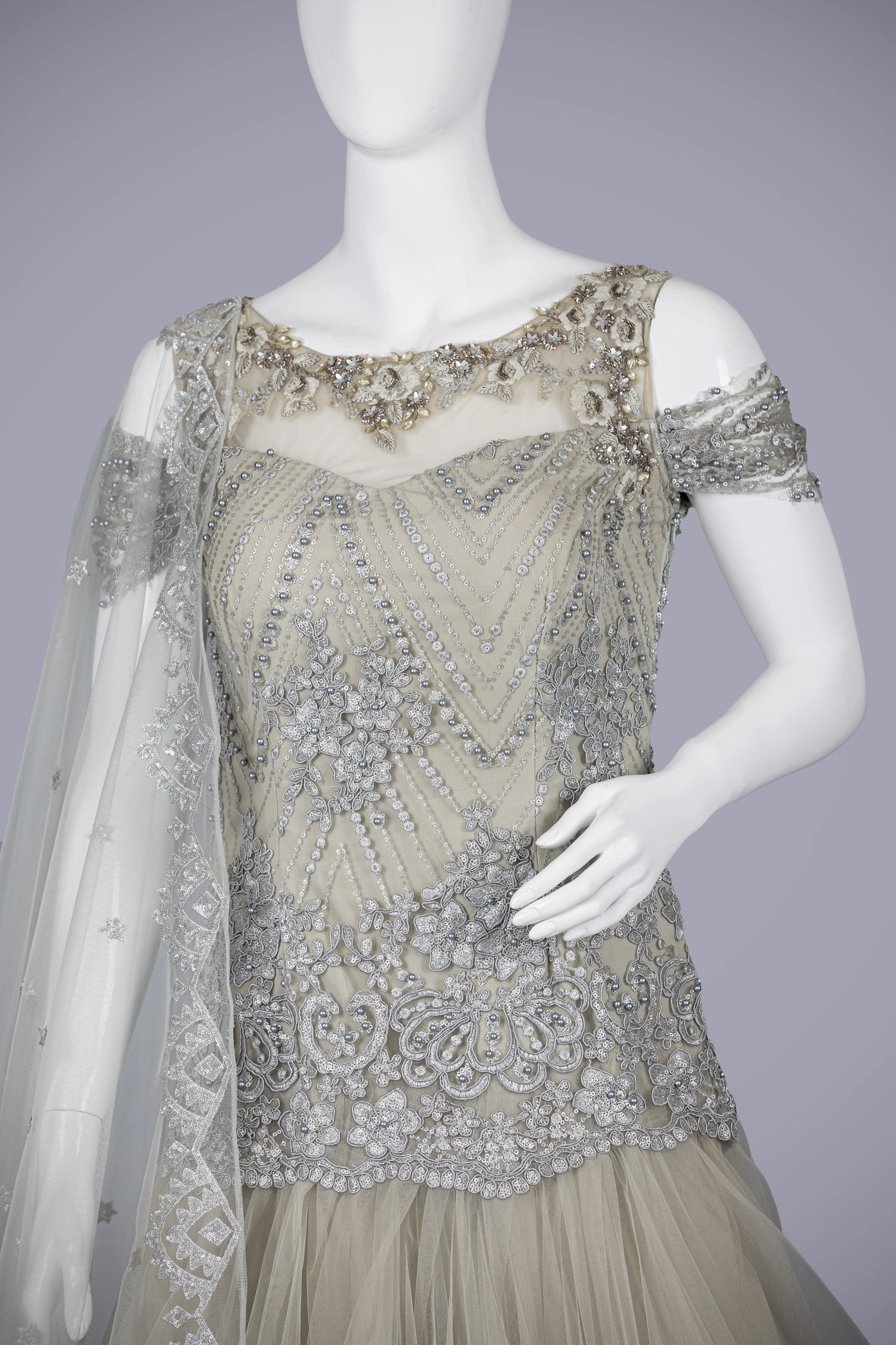 Enchanting Gray Net Gown with Delicate Pearl Work