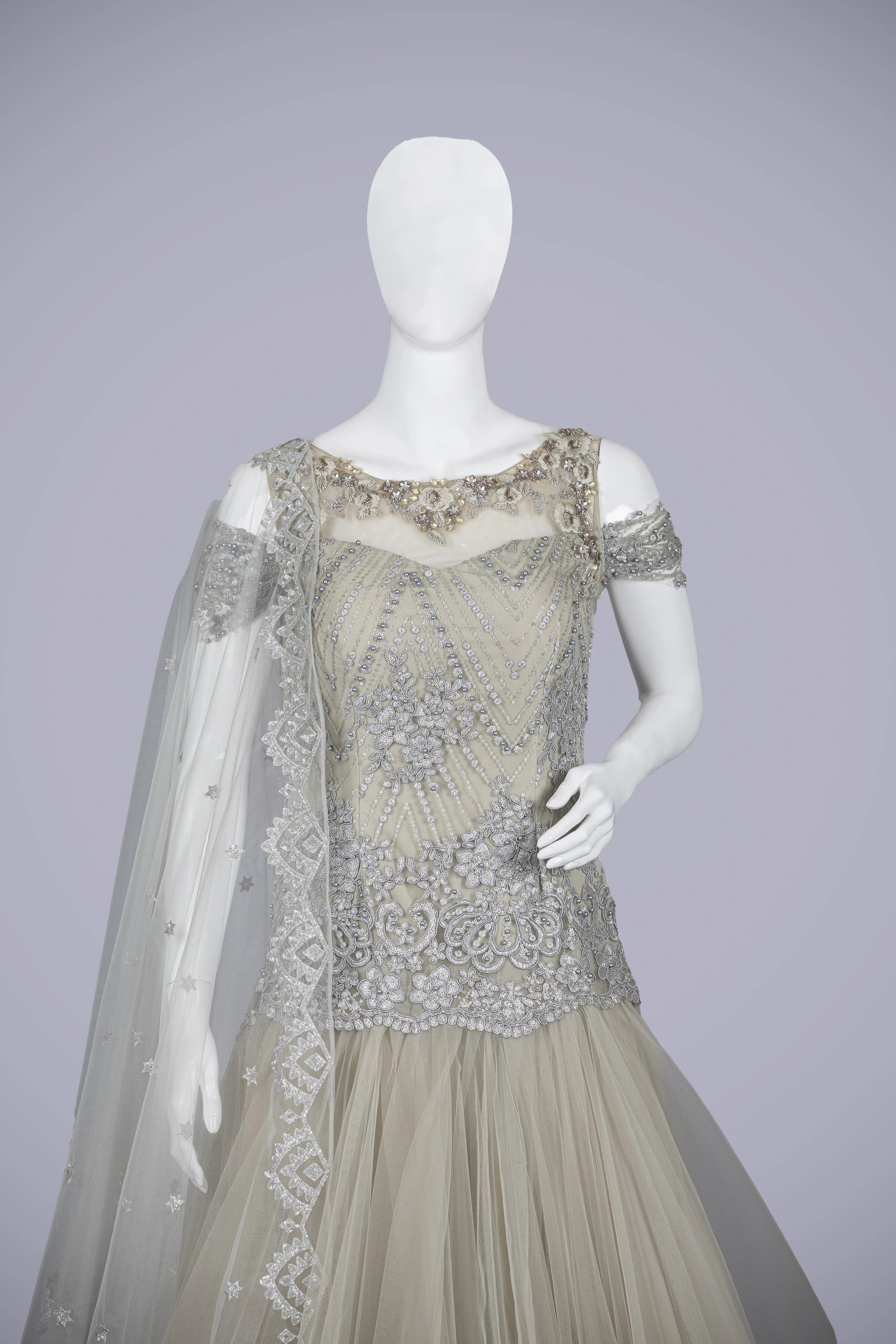 Enchanting Gray Net Gown with Delicate Pearl Work