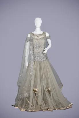 Enchanting Gray Net Gown with Delicate Pearl Work