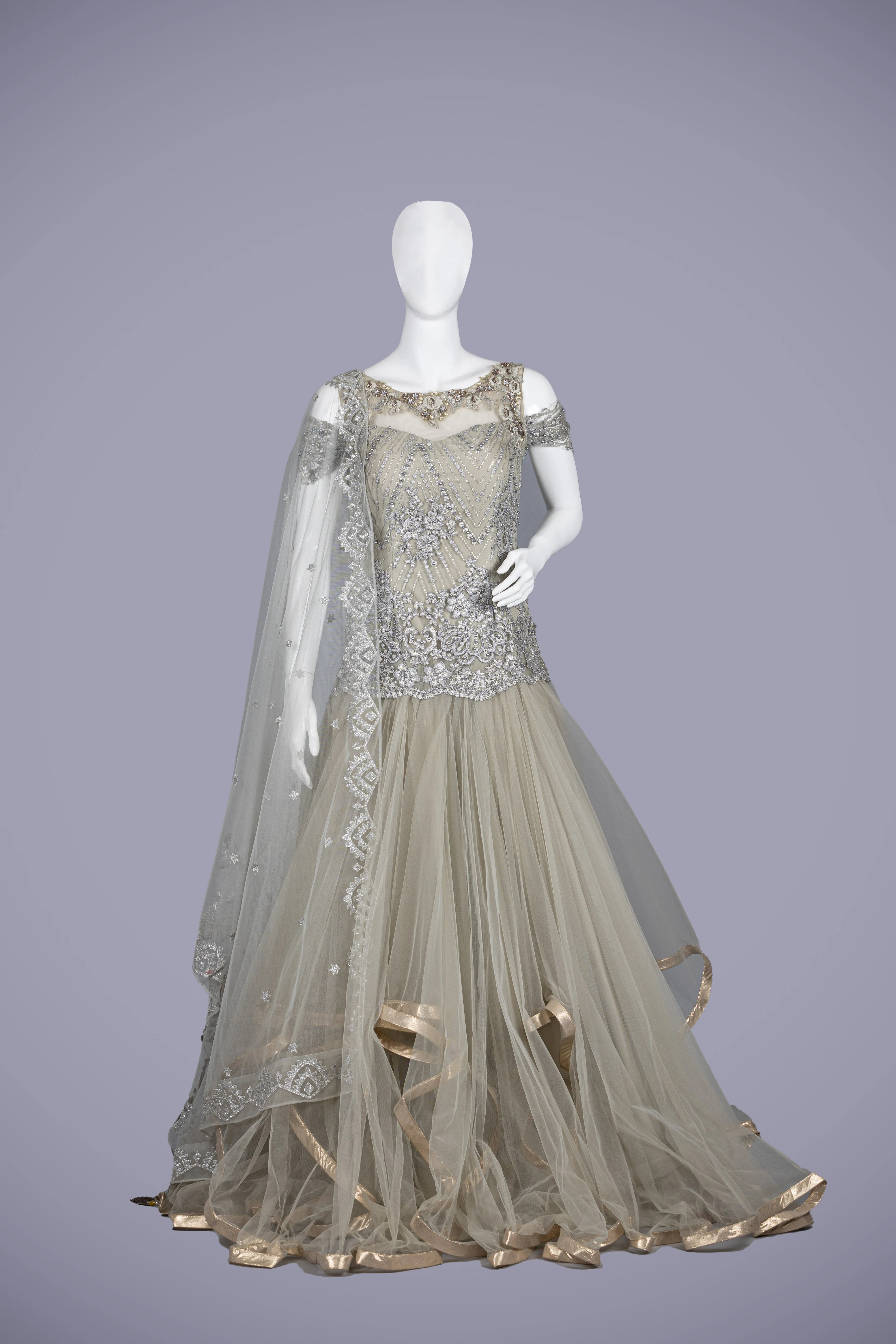 Enchanting Gray Net Gown with Delicate Pearl Work