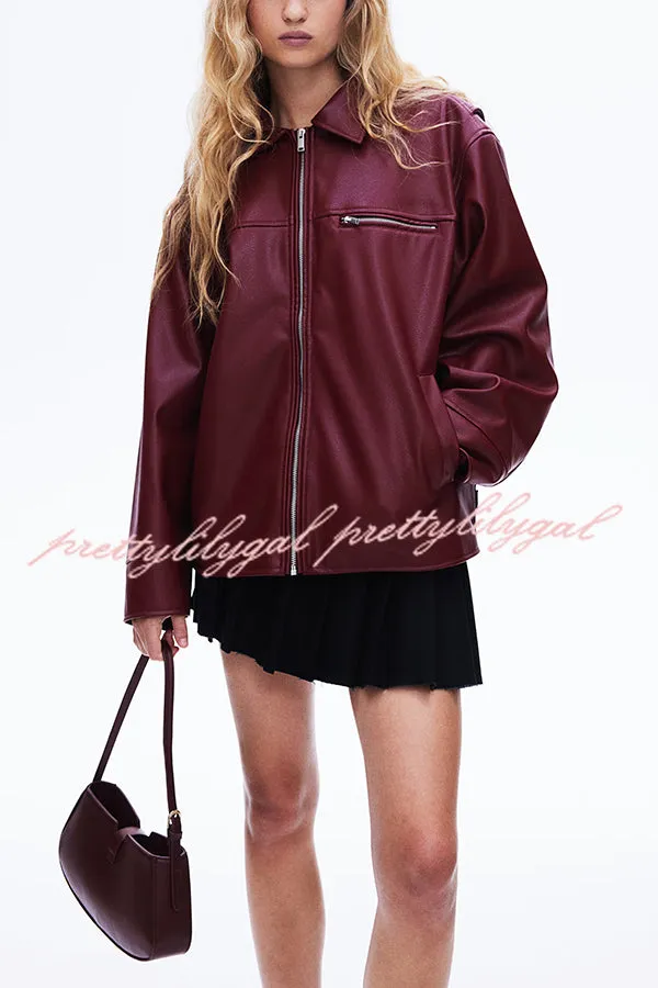 Fashion Lapel Long Sleeve Pocket Zipper Leather Jacket