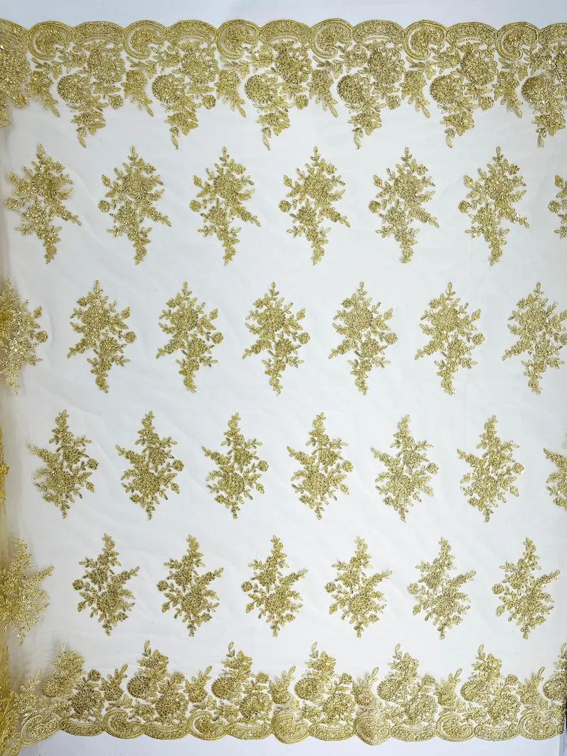 Floral corded embroider with sequins on a mesh lace fabric-prom-sold by the yard.