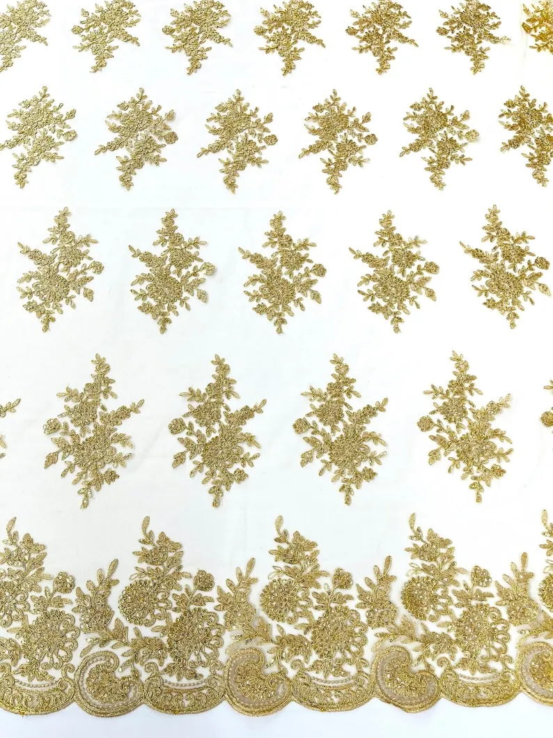 Floral corded embroider with sequins on a mesh lace fabric-prom-sold by the yard.