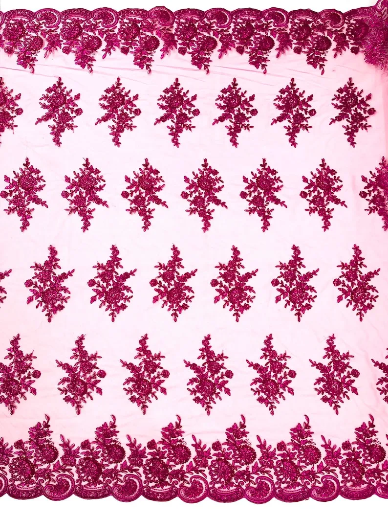 Floral corded embroider with sequins on a mesh lace fabric-prom-sold by the yard.