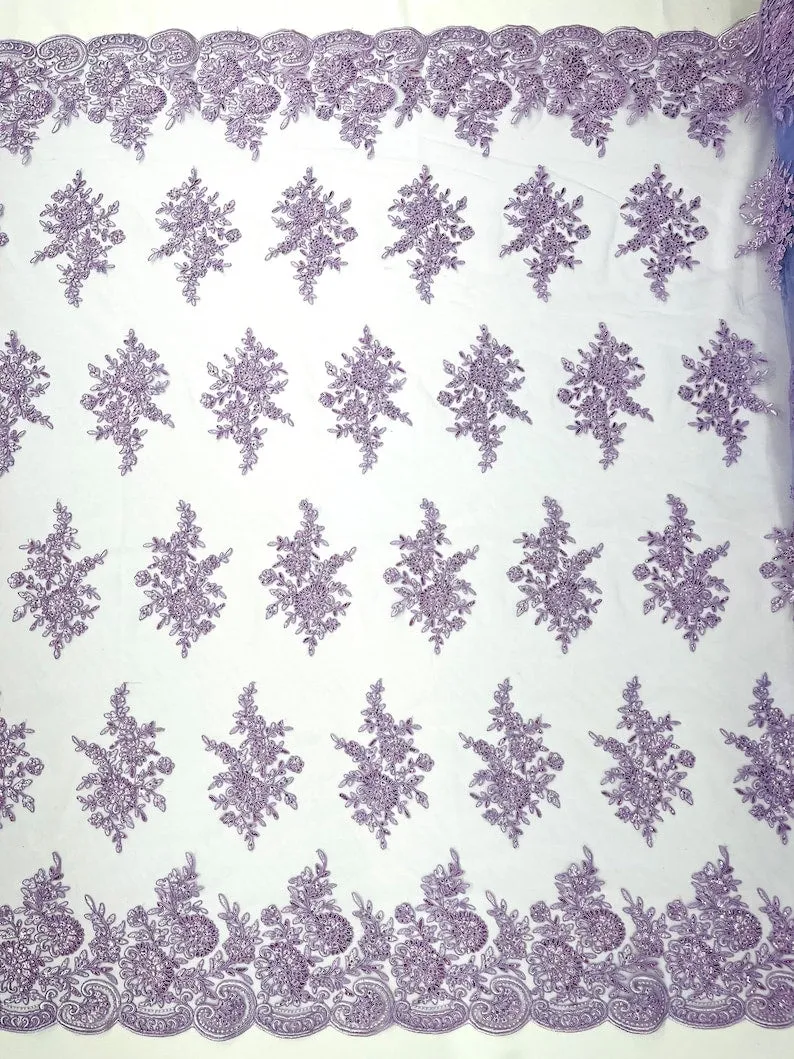 Floral corded embroider with sequins on a mesh lace fabric-prom-sold by the yard.