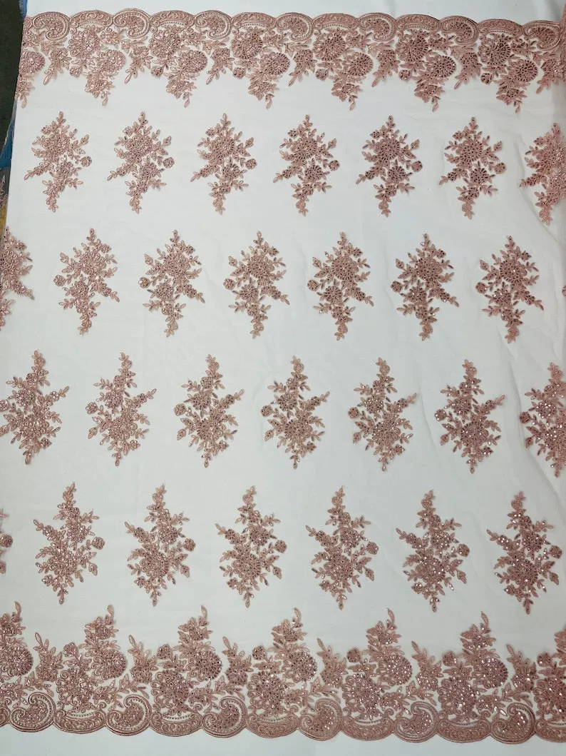 Floral corded embroider with sequins on a mesh lace fabric-prom-sold by the yard.
