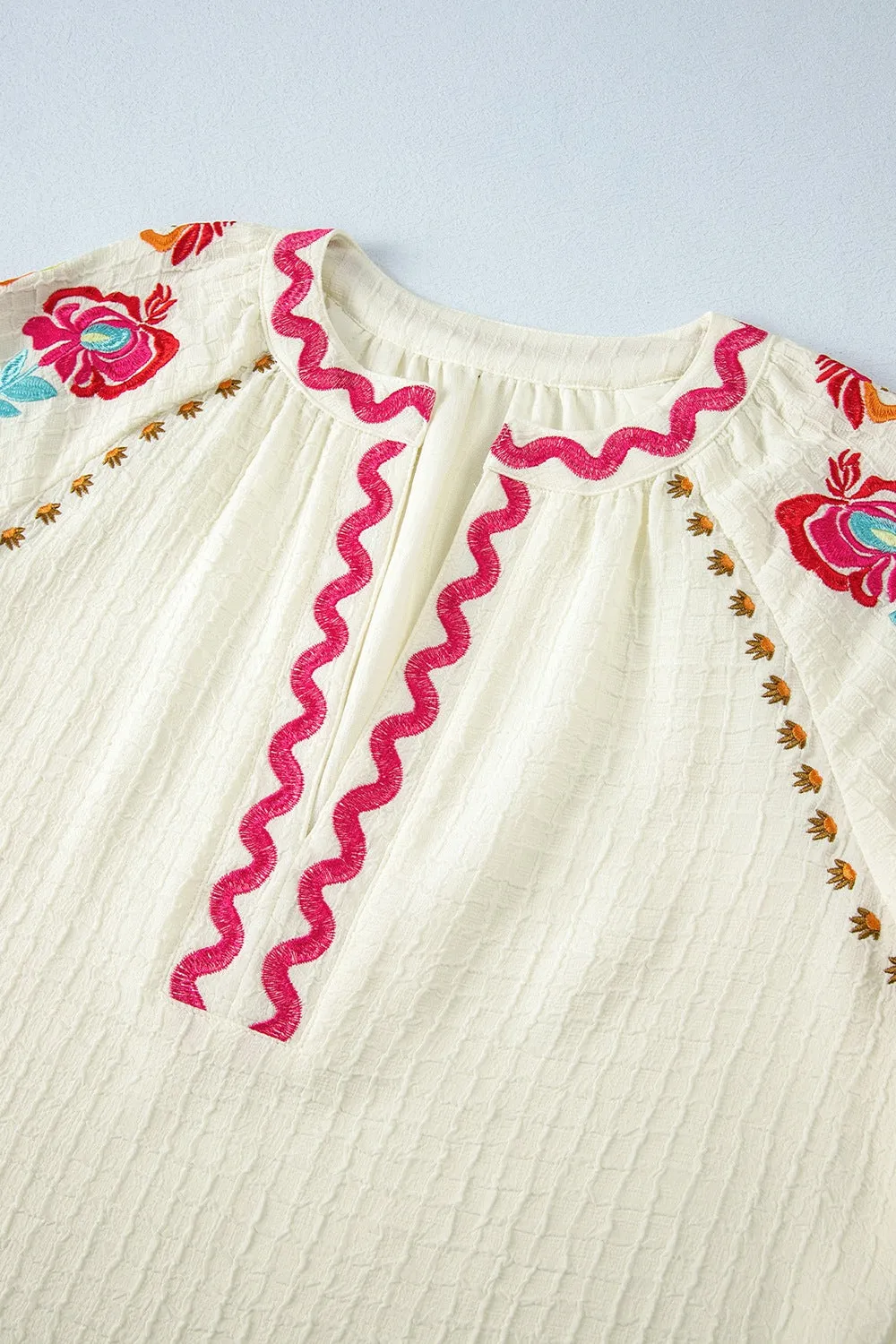 Floral Embroidered Notched Puff Sleeve Blouse