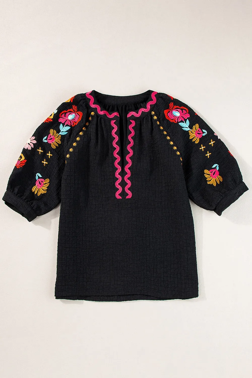 Floral Embroidered Notched Puff Sleeve Blouse
