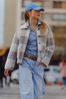 fur jacket with blue check print
