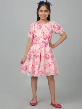 Girl's Pink Half Sleeves Floral Print Dress