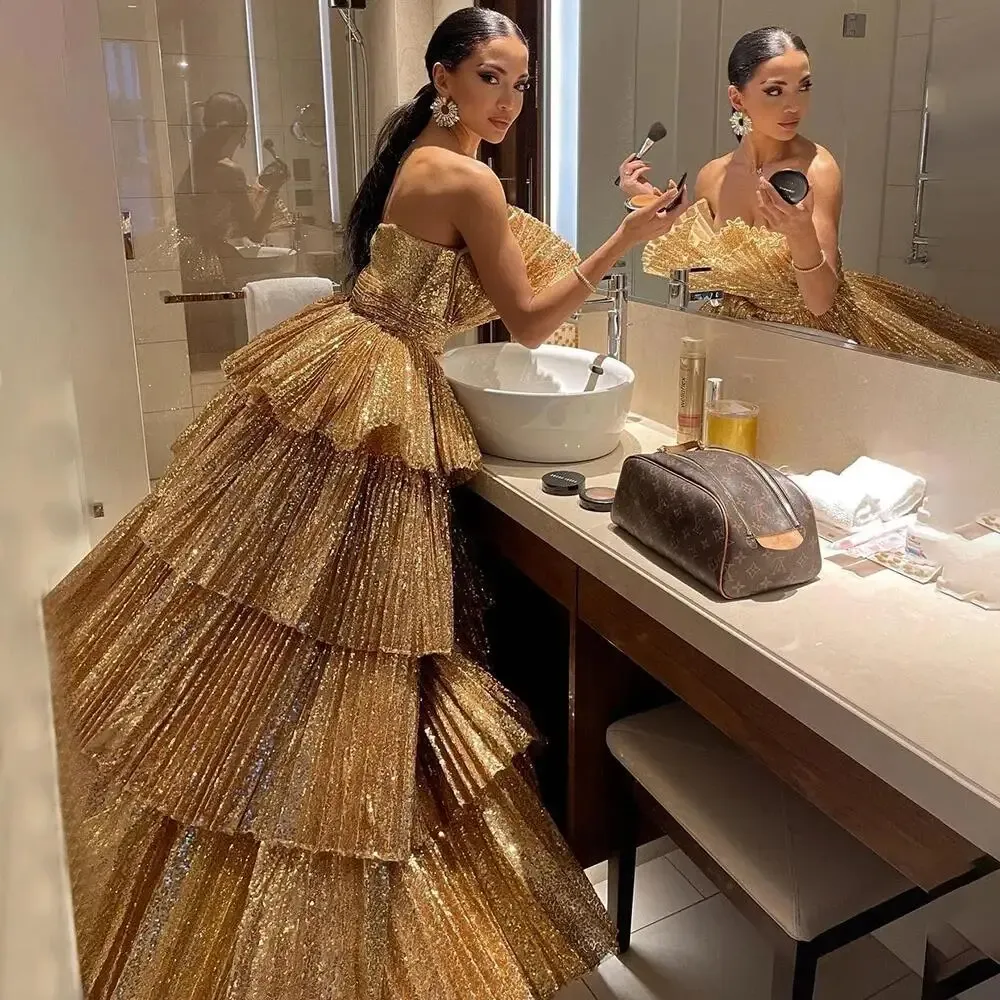 Gold A-Line Strapless Ruffles Evening Dresses Luxury Gowns For Women Party Couture فساتين سهره فاخره