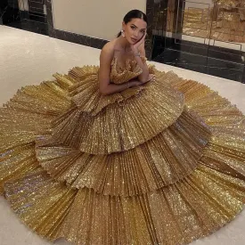 Gold A-Line Strapless Ruffles Evening Dresses Luxury Gowns For Women Party Couture فساتين سهره فاخره