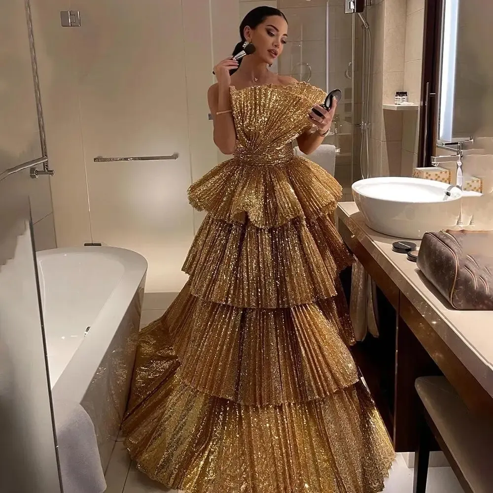 Gold A-Line Strapless Ruffles Evening Dresses Luxury Gowns For Women Party Couture فساتين سهره فاخره